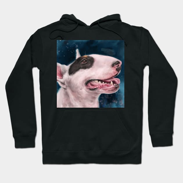 Painting of a Bull Terrier With Black Spot on Eye and Tongue Out on Dark Blue Background Hoodie by ibadishi